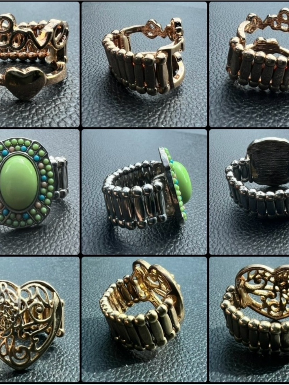 Lot of 3 Fashion Rings Silver & Gold Tone, Rhinestone, Metal, Love, Heart